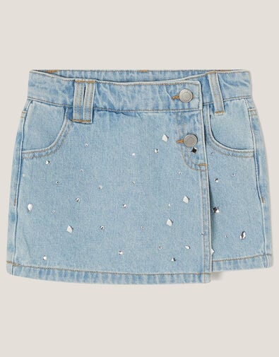 Jewel Embellished Denim Skort, Blue (BLUE), large