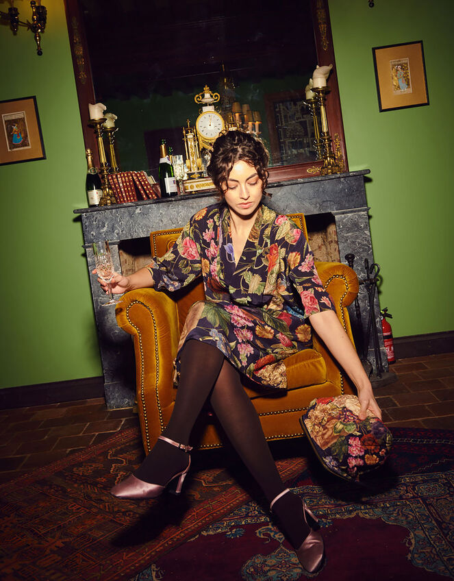 One Hundred Stars Primula Print Midi Dress, Black (BLACK), large