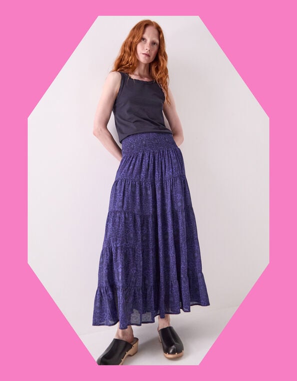 East Emelia Floral Tiered Maxi Skirt, Blue (NAVY), large