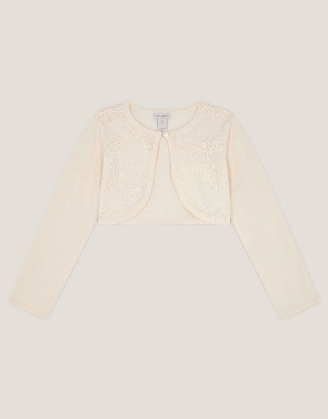 Sequin Flower Embellished Cardigan, White (WARM IVORY), large
