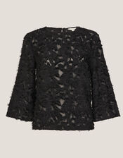 Chrissy Sheer Textured ¾ Sleeve Top, Black (BLACK), large