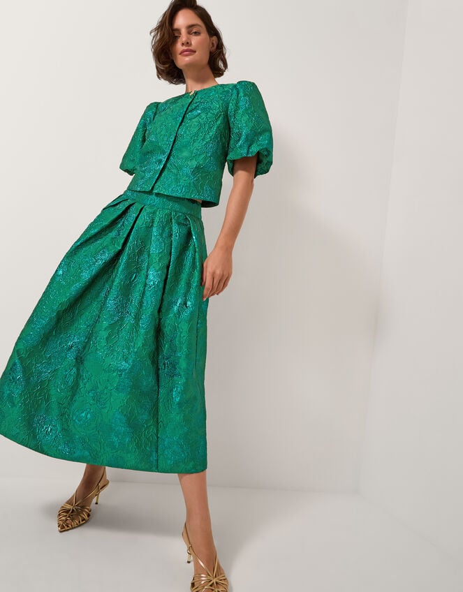 Jolene Floral Jacquard Puff Sleeve Jacket, Green (GREEN), large