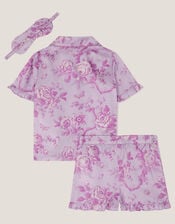 Floral Satin Short Pyjamas & Sleep Mask Set, Purple (LILAC), large