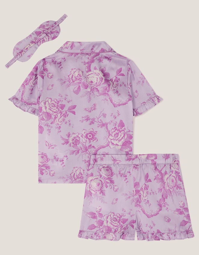 Floral Satin Short Pyjamas & Sleep Mask Set, Purple (LILAC), large