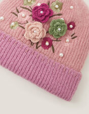Flower Embellished Beanie Hat, Pink (PINK), large