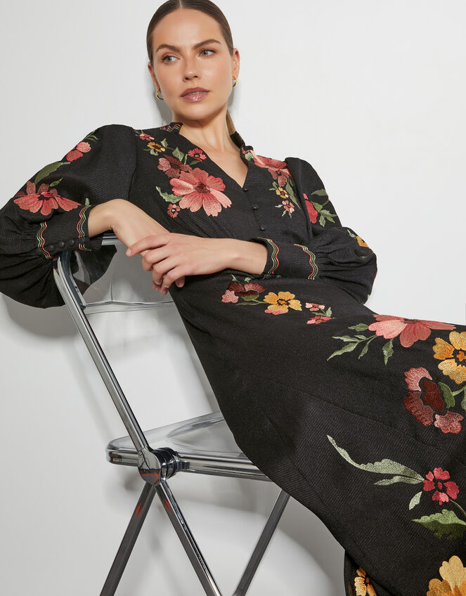 Lyra Embroidered Midi Dress, Black (BLACK), large