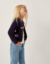 Bow Embellished Fuzzy Cardigan, Blue (NAVY), large