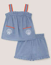 Embroidered Gingham Top & Shorts Set, Blue (BLUE), large