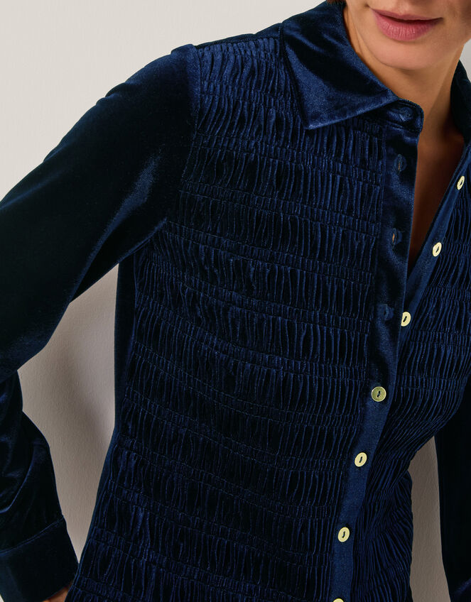 Sam Smocked Stretch Velvet Shirt, Blue (MIDNIGHT), large