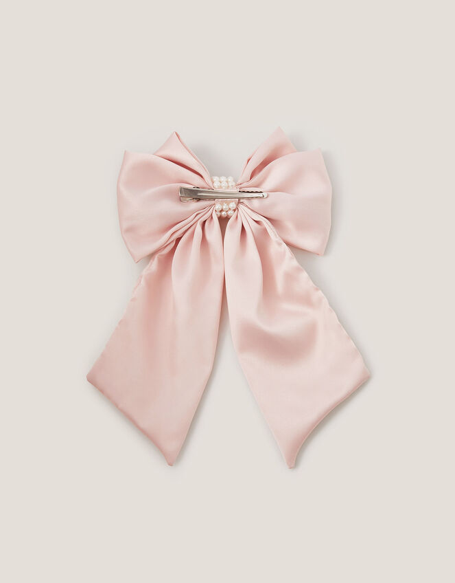 Long Pearl Satin Bow Hair Clip, Pink (PALE PINK), large