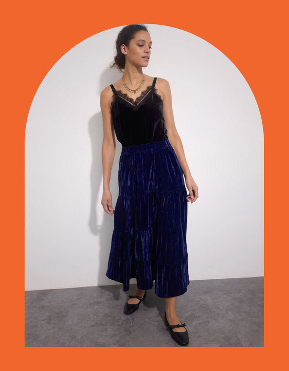 East Heather Crinkle Velvet Maxi Skirt, Blue (NAVY), large