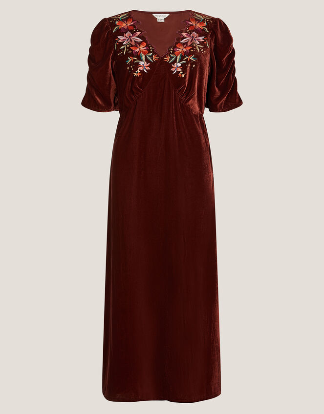 Josie Floral Embroidered Velvet Midi Dress, Copper (COPPER), large