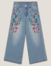 Sequin Floral Embroidered Wide Leg Jeans, Blue (BLUE), large