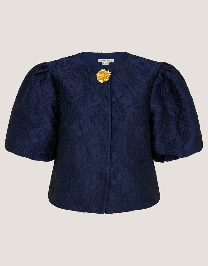 Juliana Floral Jacquard Puff Sleeve Jacket, Blue (NAVY), large