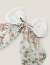 Azalea Floral Embroidered Bow Hair Clip, , large