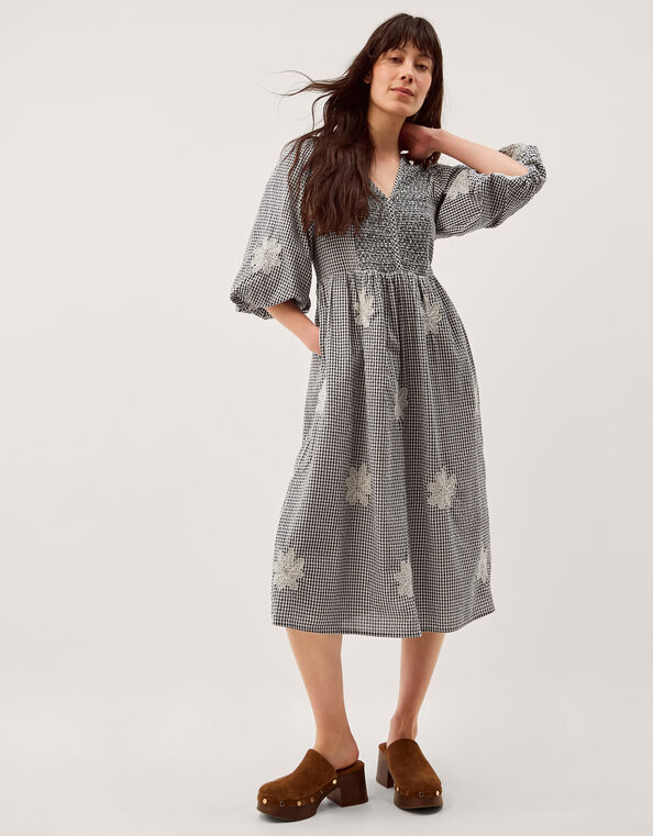 Mimi Puff Sleeve Gingham Midi Dress, Black (BLACK), large