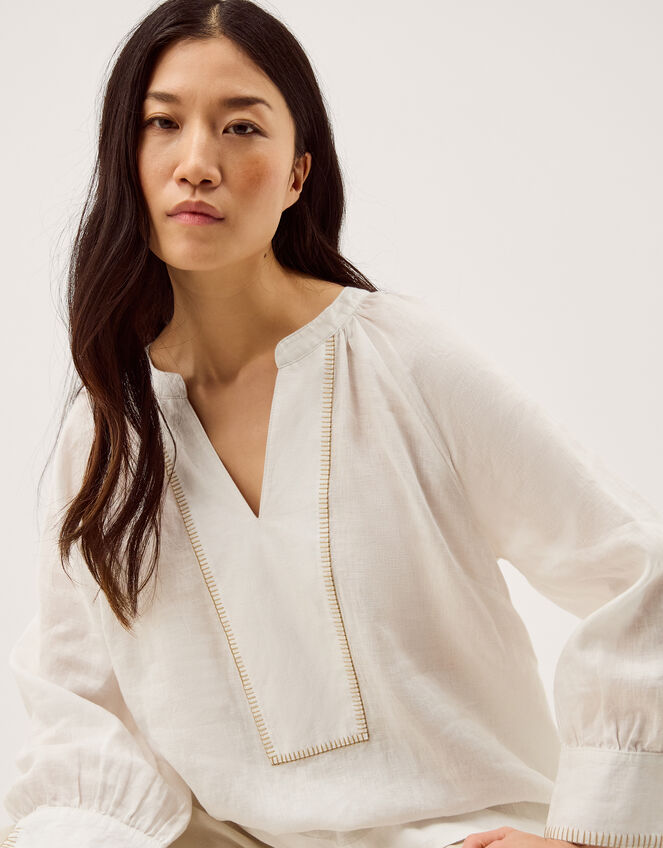 Frida V-Neck Linen Blouse, White (WHITE), large