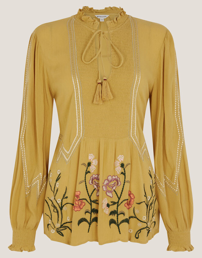 Heidi Floral Embroidered Tassel Blouse, Green (CHARTREUSE), large