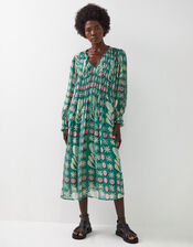 East Charlize Printed Pintuck Midi Dress, Green (GREEN), large