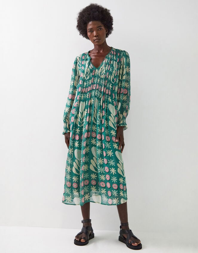 East Charlize Printed Pintuck Midi Dress, Green (GREEN), large
