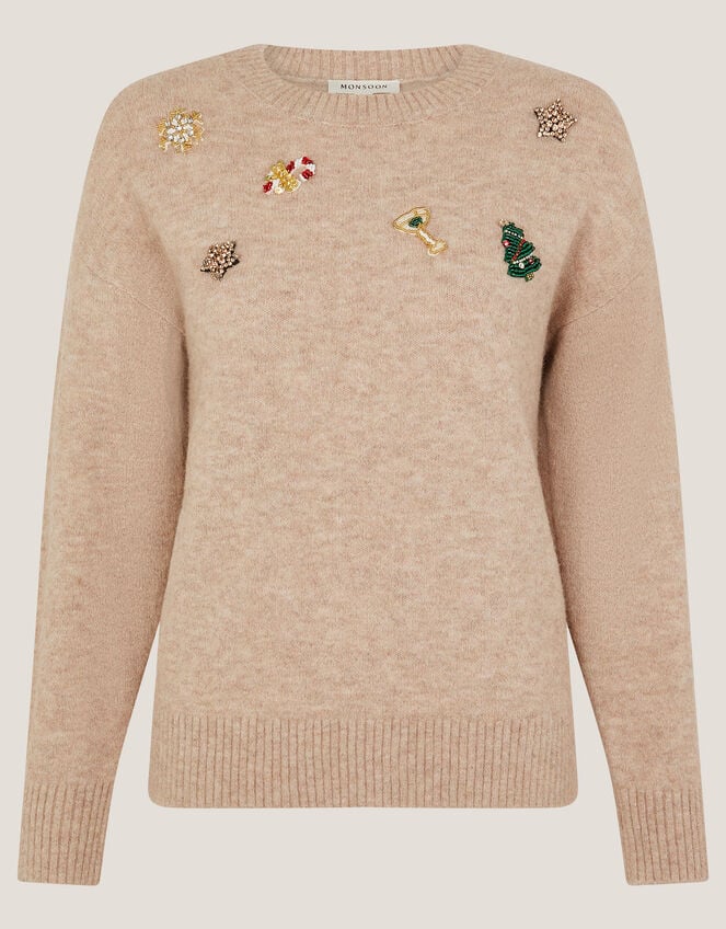 Edie Embroidered Christmas Jumper, Camel (CAMEL), large