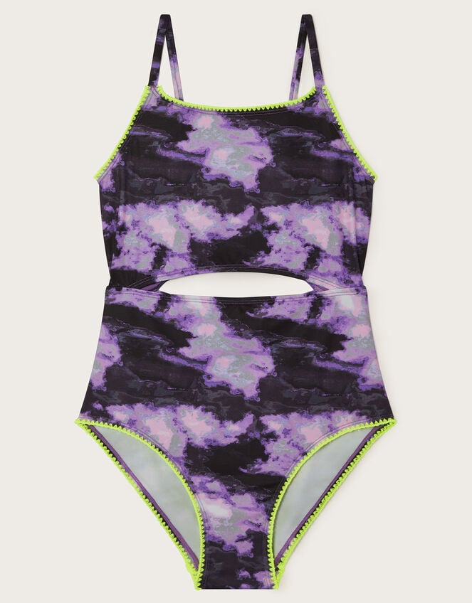 Marble Print Cut-Out Swimsuit, Purple (PURPLE), large