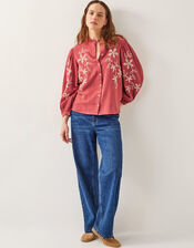Bridget Embroidered Cotton Blouse, Red (BURGUNDY), large