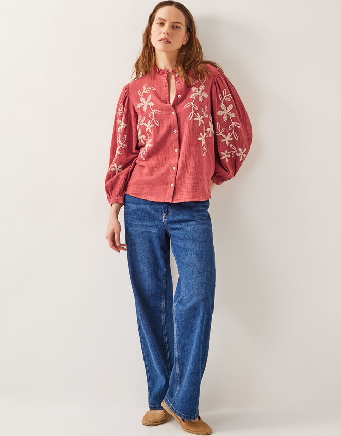 Bridget Embroidered Cotton Blouse, Red (BURGUNDY), large