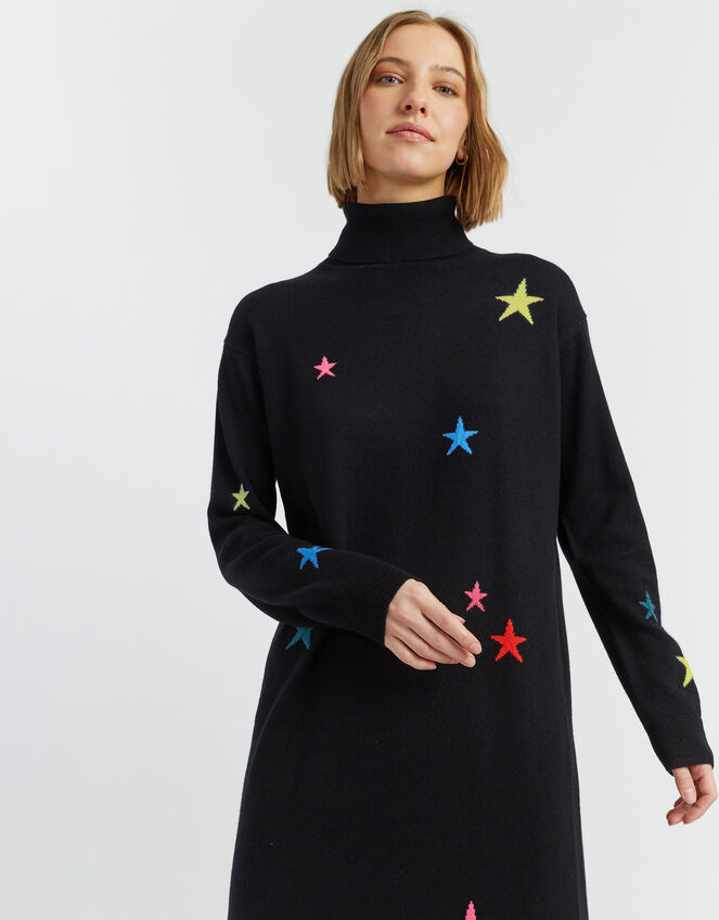 Chinti & Parker Star Roll Neck Jumper Dress, Black (BLACK), large