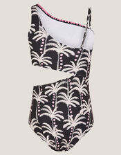 Palm Print Cut-Out Swimsuit, Black (BLACK), large