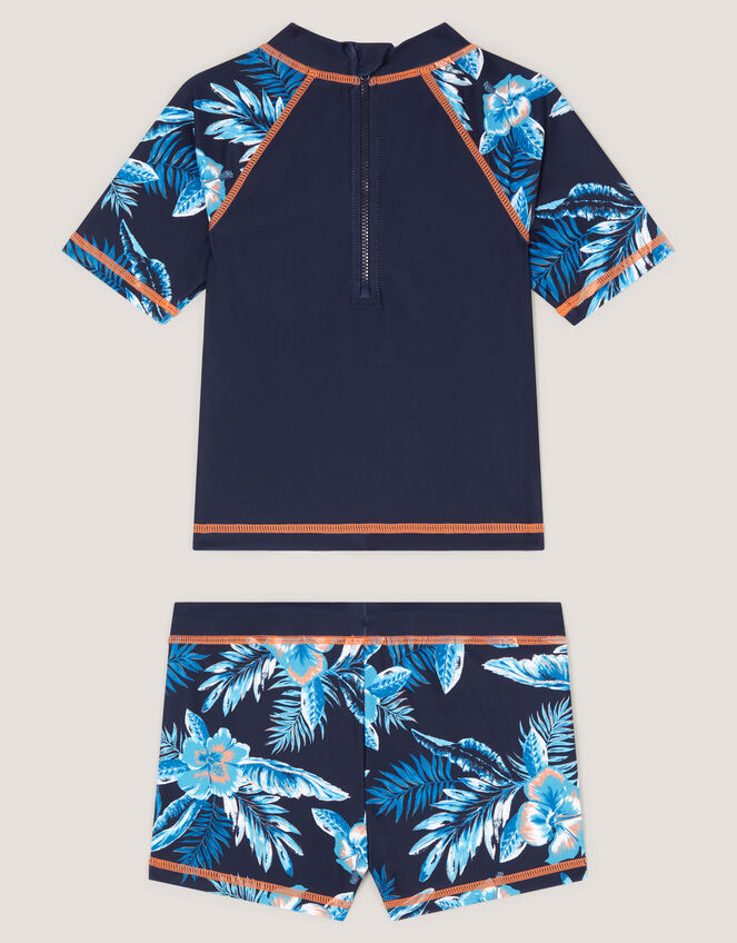 Tropical Print Rash Vest & Swim Shorts , Blue (NAVY), large