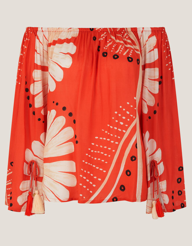 Nara Print Bardot Top, Orange (RUST), large