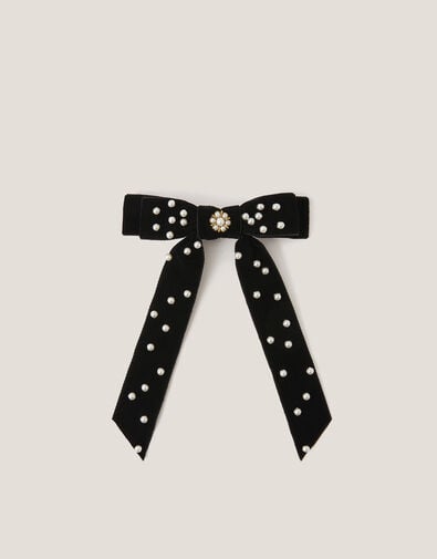 Pearly Velvet Ribbon Bow Hair Clip, , large