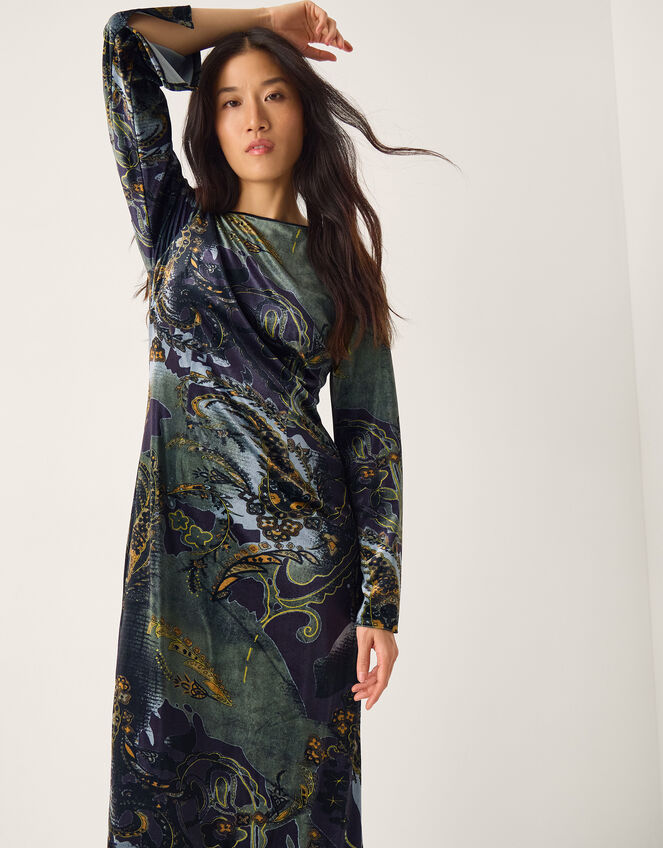 Delta Print Velvet Jersey Midi Dress, Black (BLACK), large