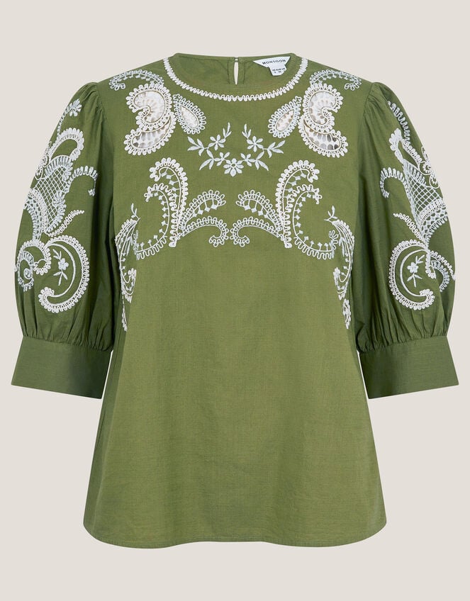 Noemi Embroidered Cotton Top, Green (KHAKI), large