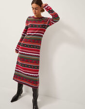 Fara Floral Fair Isle Midi Dress, Red (RED), large