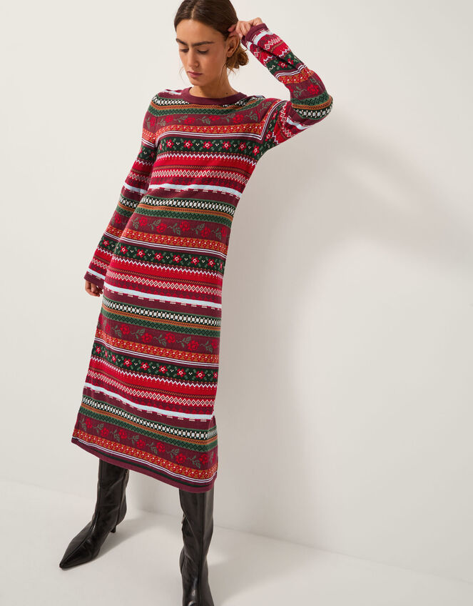 Fara Floral Fair Isle Midi Dress, Red (RED), large