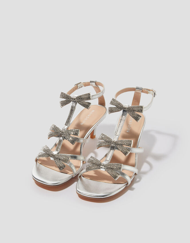 Blaire Bow Strappy Heeled Sandals, Silver (SILVER), large