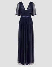 Ellie Sheer Sleeve Plunge Tulle Maxi Dress, Blue (NAVY), large