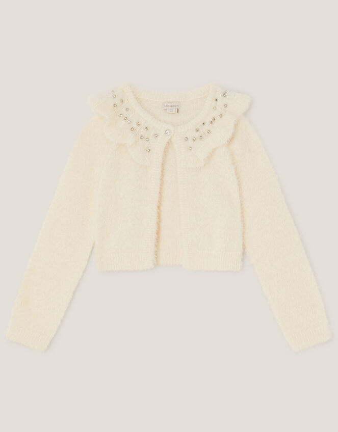 Embellished Collar Fuzzy Cardigan, Ivory (IVORY), large
