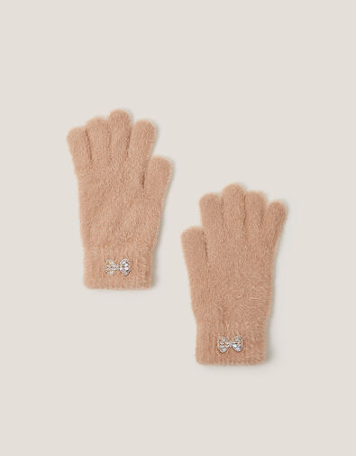 Jewel Bow Fuzzy Gloves, Camel (CAMEL), large