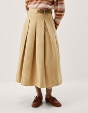 Poppy Buckle Pleated Midi Skirt, Natural (STONE), large