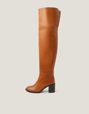 Bronte Leather Thigh High Heeled Boots, Tan (TAN), large