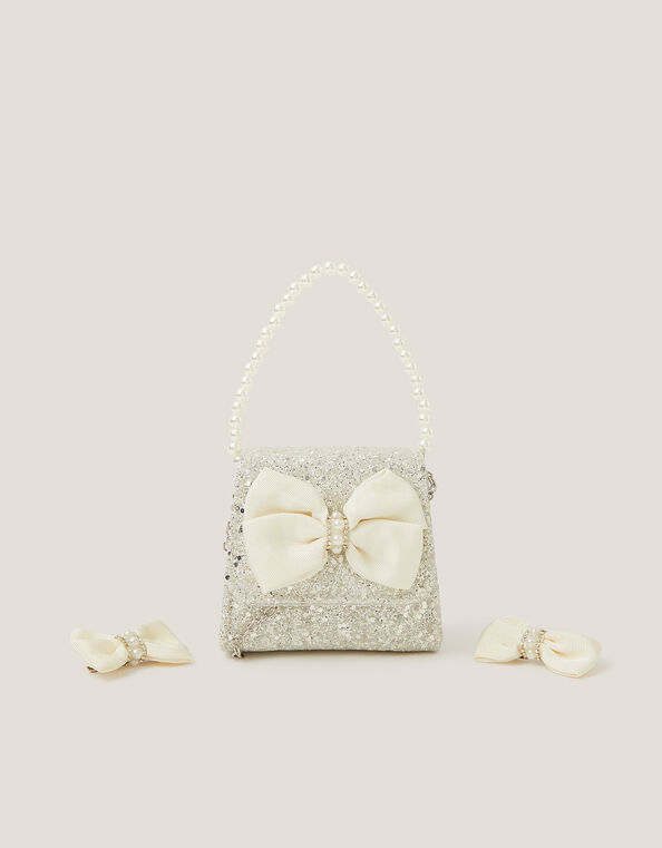 Glitter Pearl Bow Handbag & Hair Clips Set, , large