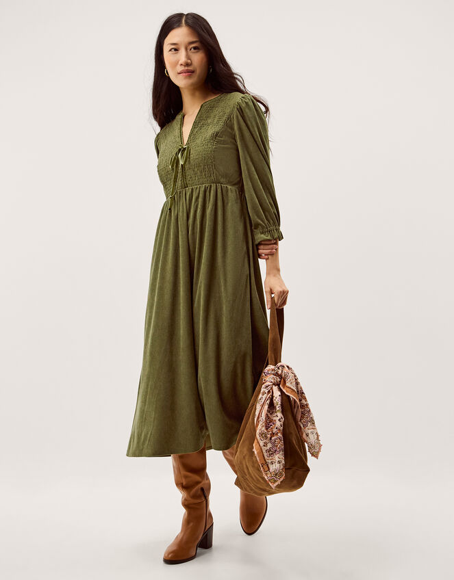 Sara Smocked Corduroy Midi Dress, Green (KHAKI), large