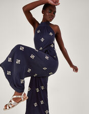 Embroidered Motif Halter Neck Jumpsuit, Blue (BLUE), large