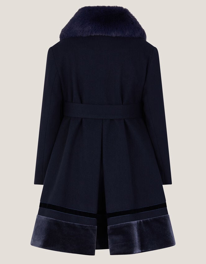Velvet Trim Faux Fur Dress Coat, Blue (NAVY), large