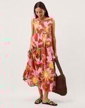 Anissa Print Pleated Midi Dress, Orange (ORANGE), large