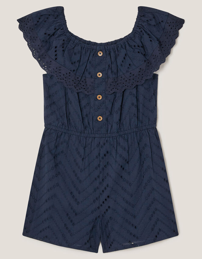 Frilly Broderie Playsuit, Blue (NAVY), large