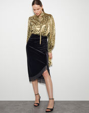 Tia Velvet Tassel Midi Skirt, Black (BLACK), large